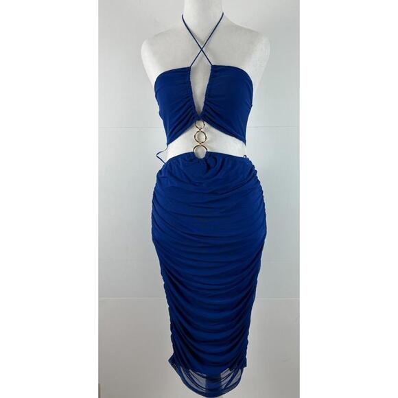 Blanc Clothing Royal Blue Mesh Halter Cutout Midi Dress Ruched Bodycon - Picture 1 of 4